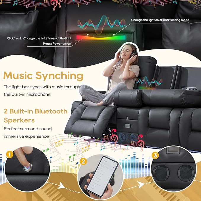 IPKIG Power Recliner Sofa with Flip-Up Backrest Console, USB & USB-C Ports, AC Outlet, LED Lights, Wall Hugger Recliners for Living Room, RV (PU Grey, 89" - 4 Seat) | Faux Leather, Zero Gravity, Dual Reclining, 2 Lumabr Pillow, Bluetooth Speakers