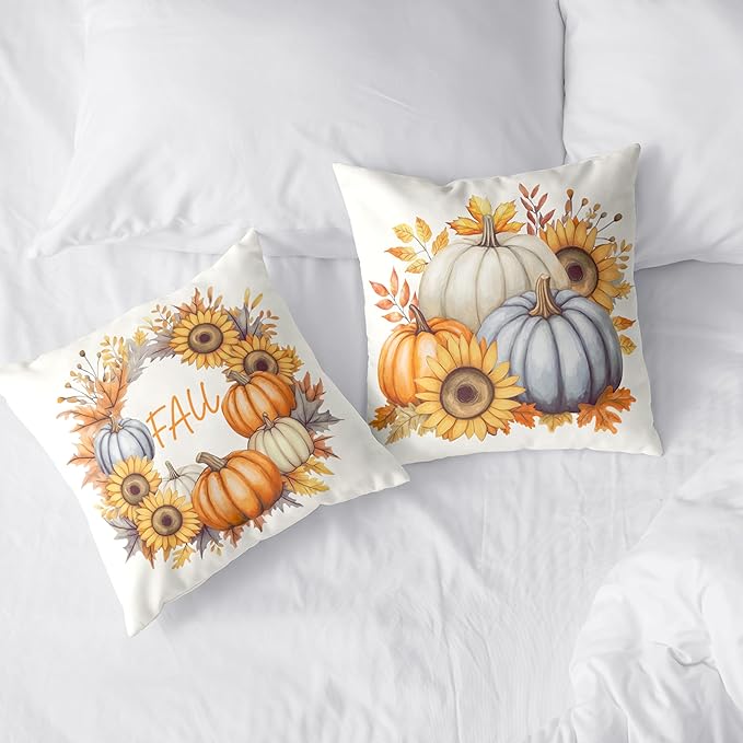 Fall Pillow Covers 20x20 Set of 2 Colorful Pumpkin Sunflower Wreath Throw Pillow Covers Autumn Harvest Pillow Case Thanksgiving Cushion Case for Home Decor Couch Sofa