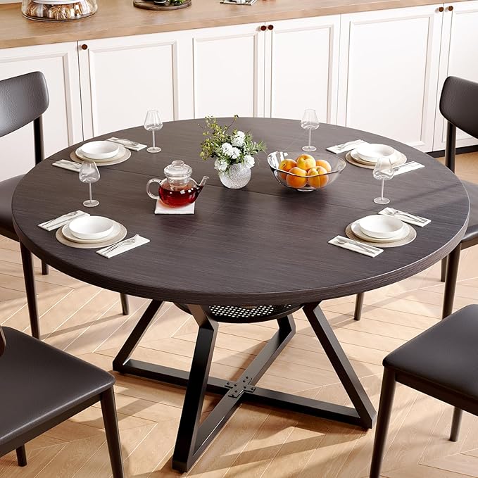 Concho 47" Round Kitchen Dining Room Table for 4-6 Circle Dining Dinner Table with Pedestal Metal Frame,Space Saving Wood Kitchen & Dining Room Furniture, Dark Coffee Gray