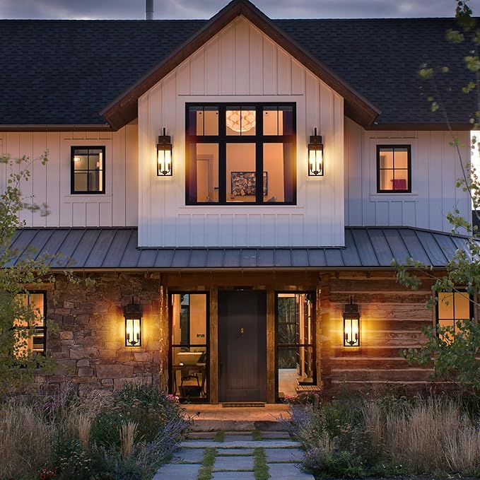 OKELI 17.6" Dusk to Dawn Outdoor Wall Light, Large Exterior Porch Lighting 2-Light Farmhouse Outside Lantern Lights with Clear Glass Waterproof Wall Sconces Lamp for House Garage, Brown