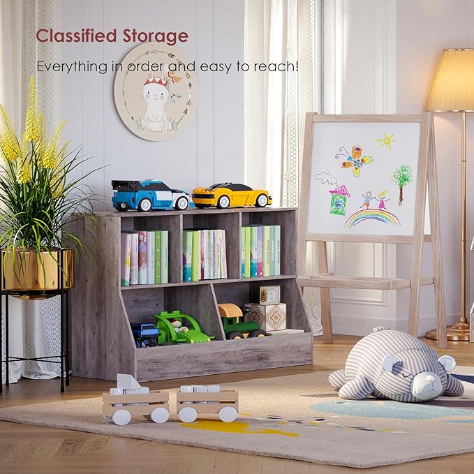 DINZI LVJ Toy Storage Organizer, Kids Bookshelf, Wood Toy Storage Cabinet, 5 Cubby Children Bookcase, 43.3" L Toddler Book Shelf for Playroom, Living Room, Nursery, Hallway, School, Greige