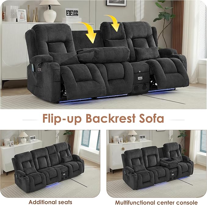 TUNYI Wall Hugger Loveseat Recliner Sofa with Console, Power Reclining Loveseat RV Couch with Massage & Heat/USB/Outlet/Storage/LED Light/Speaker (Dark Grey, 4 Seat)