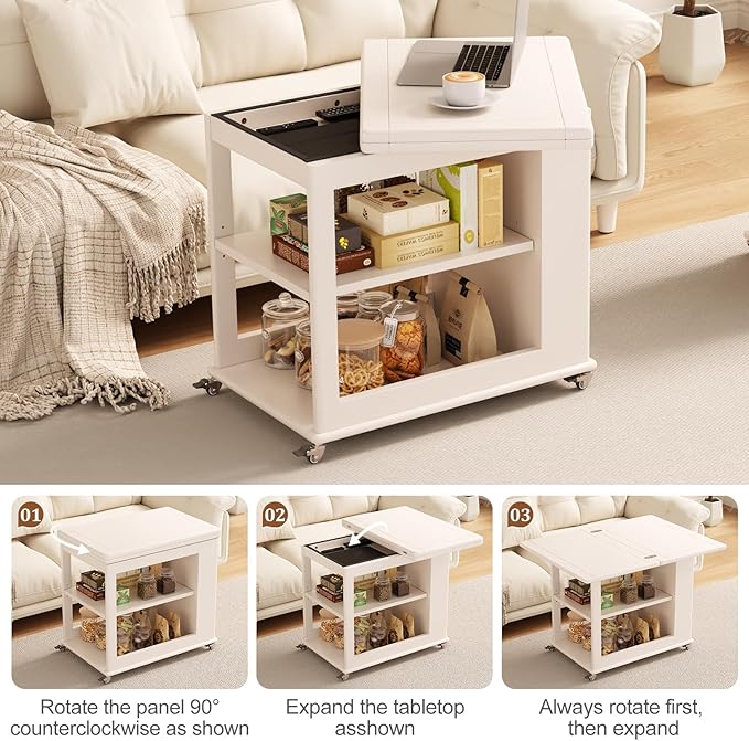 Folding Dining Table with Wheels, Solid Wood Dining Table Stylish 2-Tier Design for 2-4,White Hidden Storage for Living Room,Small Spaces, Dining Room, Kitchen