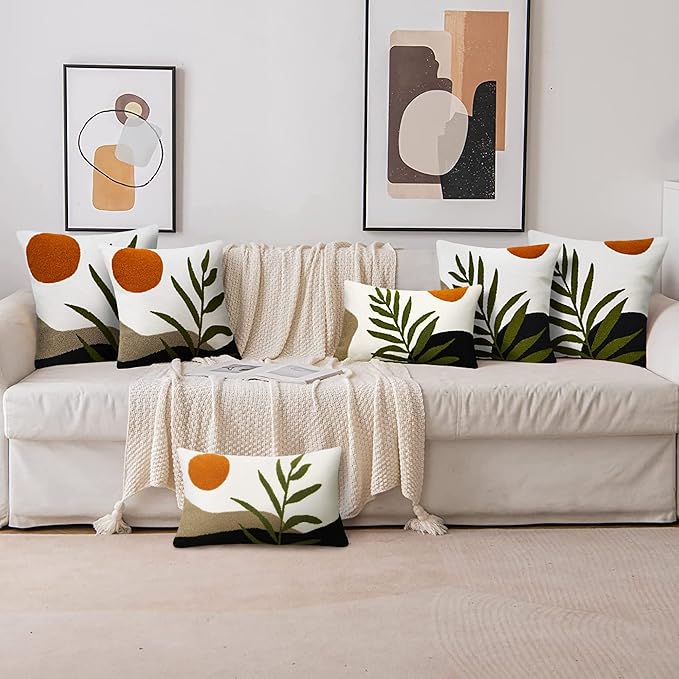 Merrycolor Decorative Throw Pillow Covers 16x16 Boho Pillow Covers Tufted Mid Century Modern Throw Pillows Abstract Leaf Pillow Cover Aesthetic Boho Pillows for Couch Bed Sofa Living Room 1PC