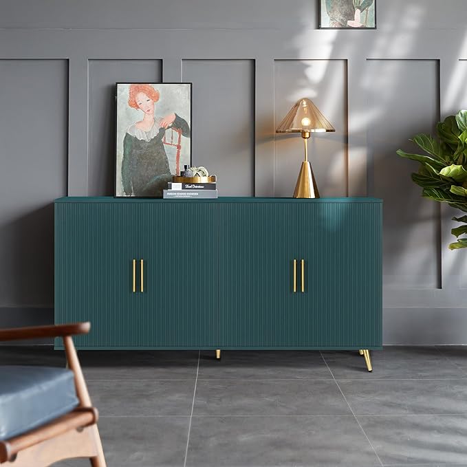 Wood TV Stand Farmhouse TVs Stand,Console Table Media Sideboard with Ample Storage and Adjustable Shelf,Unique Medieval Style,Storage Cabinet for Living Room, Bedroom,Navy Blue