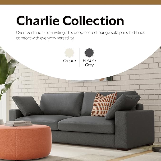 SIMPLIHOME Charlie Sofa in 100% Recycled Polyester Tightly Woven Performance Fabric, Pebble Grey, 96-inches Wide, Handcrafted Contemporary Style Sofa for Living Room or Couch for Family Room