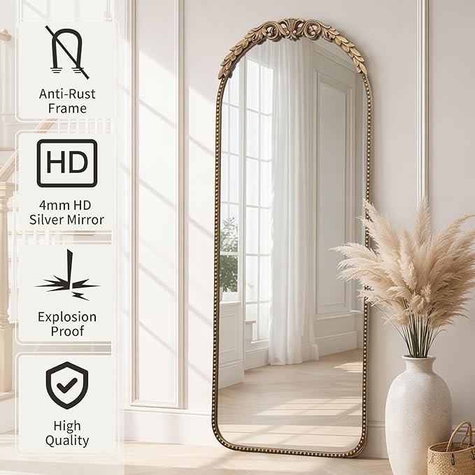 Besdomus Large Gold Floor Mirror: 56"x 21" Vintage Full Length Mirror - Traditional Ornate Baroque Antique Body Mirrors for Bedroom/Cloakroom/Entryway/Hallway/Wall - Home Decor for Living Room