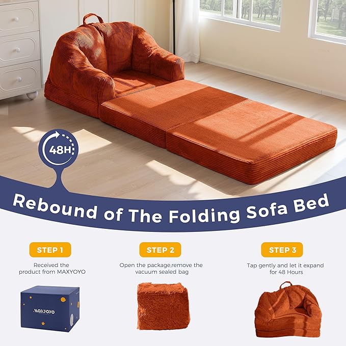 MAXYOYO Folding Sofa Bed with Backrest, Boneless Fold Out Couch Bed with Handle, 2 in 1 Convertible Bean Bag Chair to Floor Sofa Lounger, Comfy Folding Couch for Bedroom & Living Room, Orange