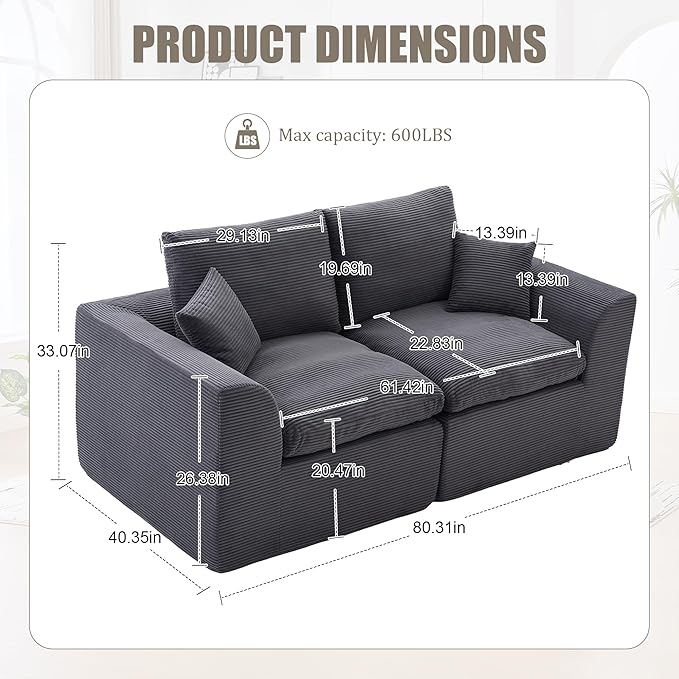 80.3" Cloud Loveseat Boneless Sofas for Living Room, 2 Seaters Modular Foam Cloud Sofa Couches, 2 Seat Compression Foam Couch with Toss Pillows, No Assembly Required