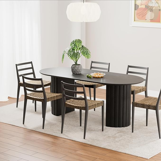 Casaphoria 79" Oval Dining Table, Modern Wood Kitchen Table with Cylinder Stripe Convex Base for Living Room & Dining Room, Easy Assembly Farmhouse Furniture for 6-8, Black