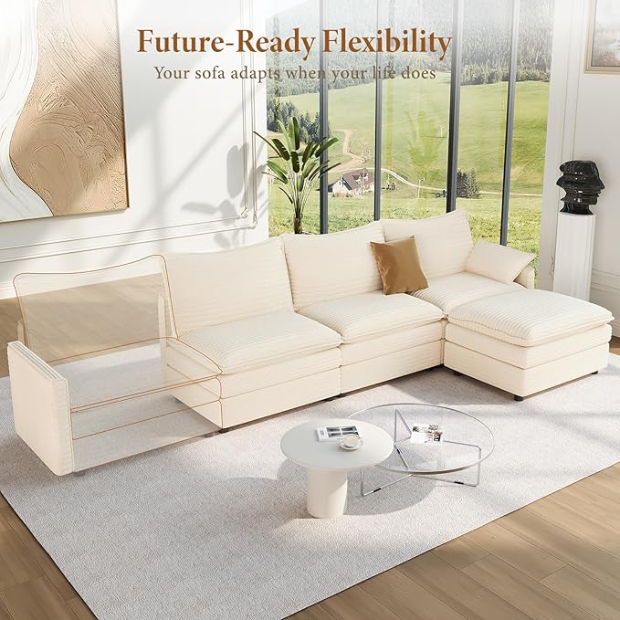 Vesgantti 108" Modular Sectional Sofa, Comfy Cloud Couch with Movable Ottoman Deep Seat Corduroy L Shaped Modular Sofa, Sectional Couches for Living Room, Bedroom and Apartment, Beige | Sink-in Comfort, Height Adjustable, Easy Rearrangement, Extra-deep...