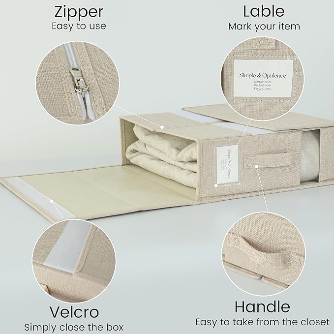 Simple&Opulence 4 Pack Bed Sheet Organizers and Storage, Linen Closet Organizers, Sheets Set Folder Storages with Window and Label (Queen/King Size) Organizing Bedding Container, Linen