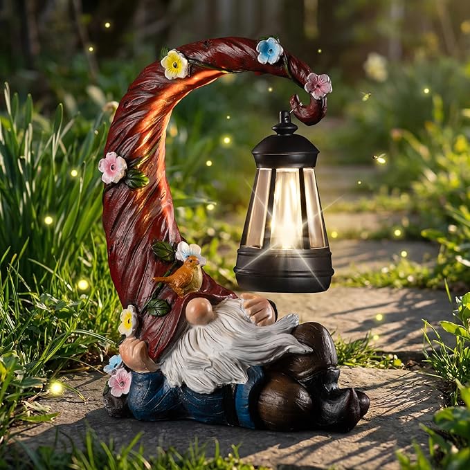 Garden Gnomes Outdoor Statue with Solar Light, Waterproof Resin Gnome Decor, Funny Garden Sculptures for Patio Lawn Yard, Mom Gifts for Mother’s Day Housewarming