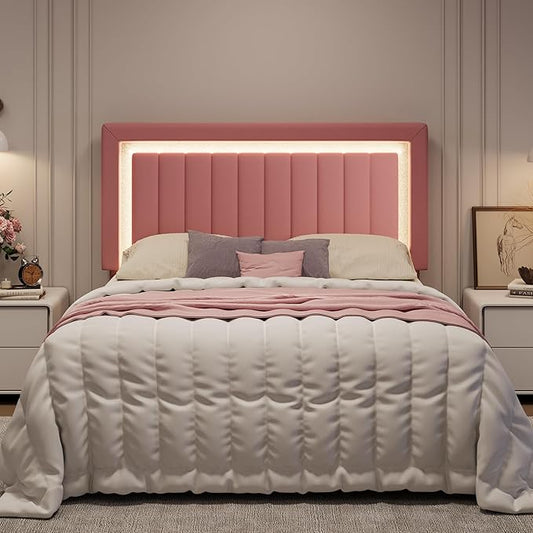 SHA CERLIN Full Size Velvet Bed Frame with LED Light, Adjustable Vertical Channel Tufted Headboard, Strong Wooden Slats Support, Noise-Free, No Box Spring Needed, Pink