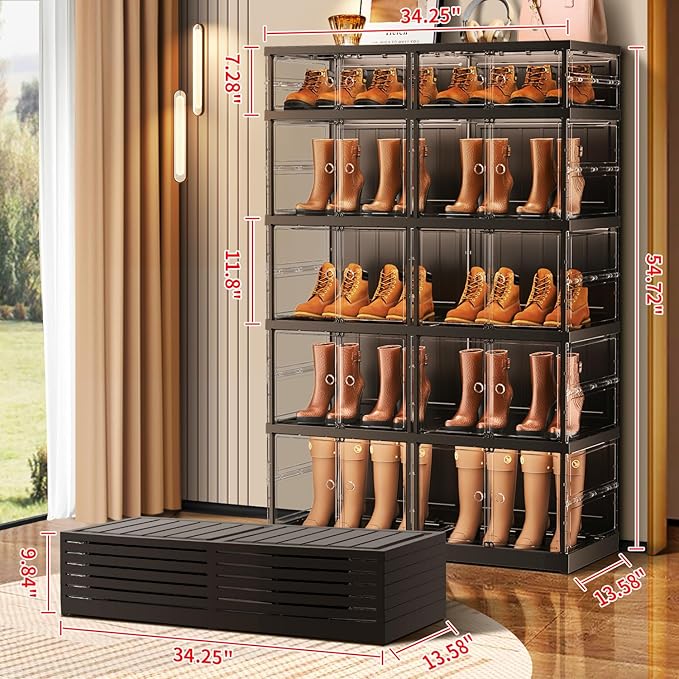 5-Tier Foldable Shoe Rack for Closet Entryway 10-20Pairs,Stackable Clear Shoe Storage Boxes Organizer with Door Plastic Shoe Cabinet Bins with Lids Shoes Shelf Easy Assembly Large Black