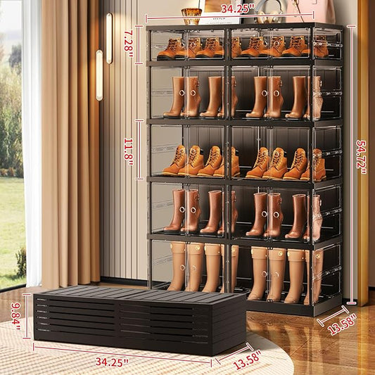 5-Tier Foldable Shoe Rack for Closet Entryway 10-20Pairs,Stackable Clear Shoe Storage Boxes Organizer with Door Plastic Shoe Cabinet Bins with Lids Shoes Shelf Easy Assembly Large Black