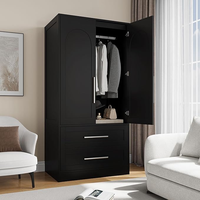 Wooden Armoire Wardrobe Closet with 2 Doors and 2 Drawers,Freestanding Armoire Storage Cabinet with Shelves,Tall Clothing Storage Cabinet Suitable for Bedroom,Black