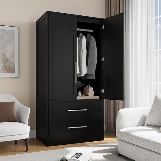 Wooden Armoire Wardrobe Closet with 2 Doors and 2 Drawers,Freestanding Armoire Storage Cabinet with Shelves,Tall Clothing Storage Cabinet Suitable for Bedroom,Black