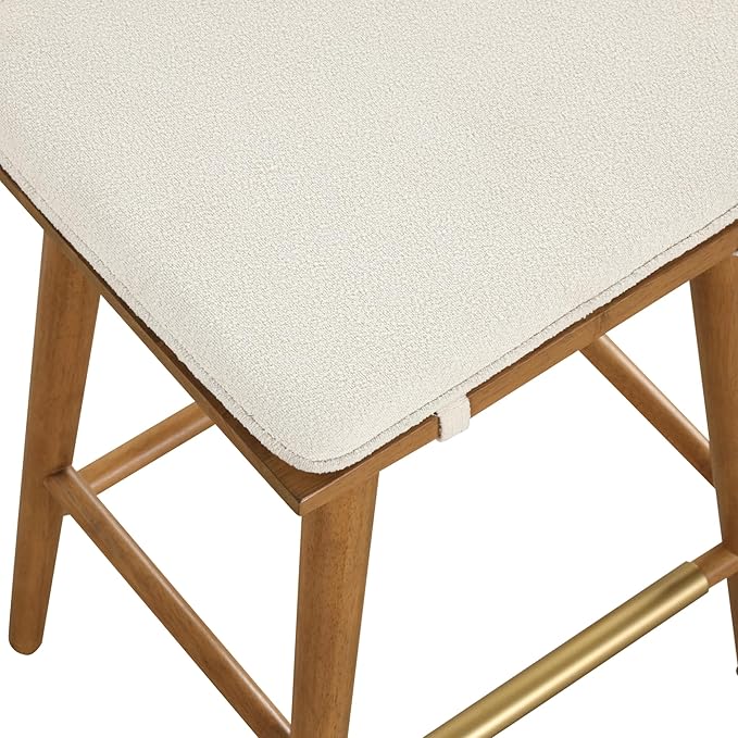 Nathan James Barker Counter Height Solid Wood Barstool with Upholstered Cushion, Backless Island Stool with Rubberwood Legs and Natural Textured Linen Upholstery for Kitchen, Brown/White