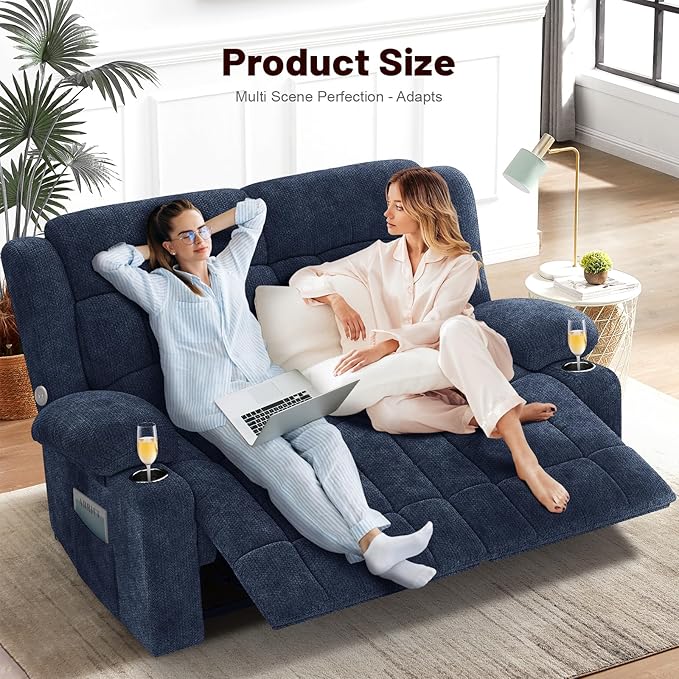 Loveseat Recliner Sofa, 2 Seater Minimalist Style Fabric Manual Pull Tab Reclining Loveseat with USB Charge Ports, Cup Holders, Recliner Love Seat Couches for Living Room, RV, Blue