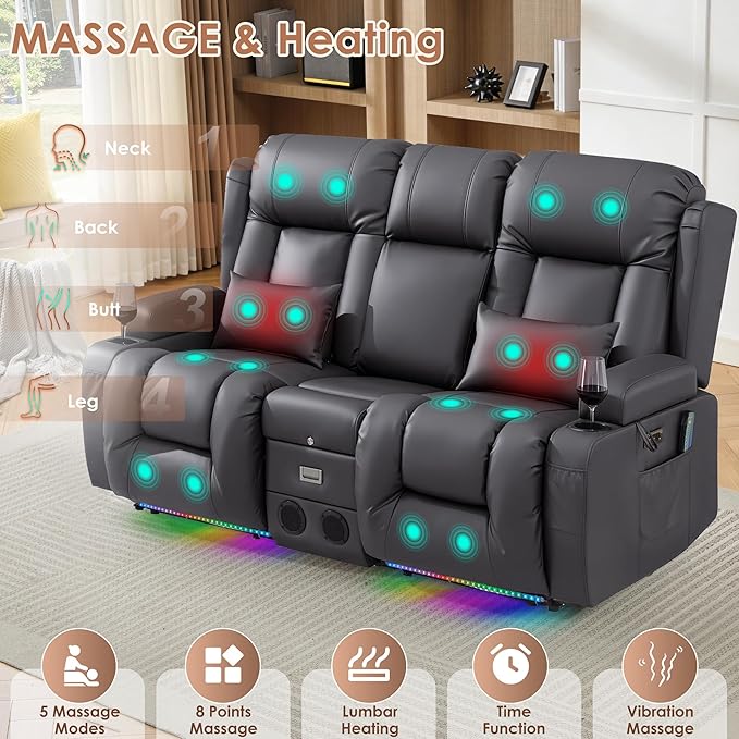 TUNYI Wall Hugger Loveseat Recliner Sofa with Console, Power Reclining Loveseat RV Couch with Massage & Heat/USB/Outlet/Storage/LED Light/Speaker (Light Grey, 2 Seat with Console)