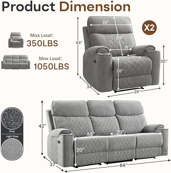 HAOMARKETS 3-Piece Recliner Sofa Set with Charging Ports, Include 2 Power Recliner Chairs and Electric 2-Seater Loveseat Reclining Couch with Hidden Storage and Cup Holders for Living Room, Light Grey
