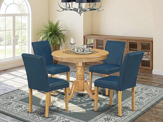 East West Furniture ANAB5-OAK-55 5 Piece Dining Room Table Set Includes a Round Kitchen Table with Pedestal and 4 Oasis Blue Faux Leather Upholstered Parson Chairs, 36x36 Inch, Oak