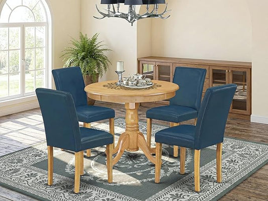 East West Furniture ANAB5-OAK-55 5 Piece Dining Room Table Set Includes a Round Kitchen Table with Pedestal and 4 Oasis Blue Faux Leather Upholstered Parson Chairs, 36x36 Inch, Oak