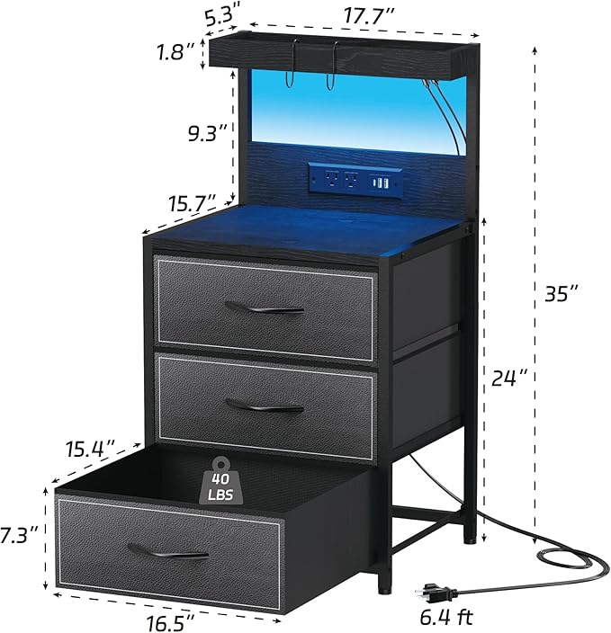 LED Nightstand Set of 2, Dresser Nightstand with 3 Drawers and Type C Charging Station, Storage End Table with Shelf and Hooks, Large Bedside Table for Dorm Bedroom, Black