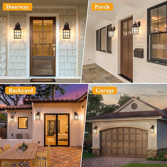 Farmhouse Exterior Light Fixtures - Sensor Dusk to Dawn Outdoor Porch Lights, Black Brush Gold Wall Sconce, Outside Wall Lantern for Front Door, Garage 2 Pack