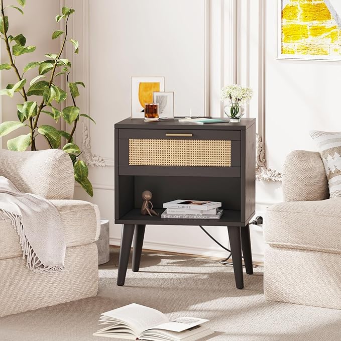 Irontar 17.7'' Wide Rattan Nightstand Set of 2, Bedroom Night Stand with Charging Station & Drawers, Boho Bed Side Table with Solid Legs, Accent End Side Table with Open Shlef, Black and Natural