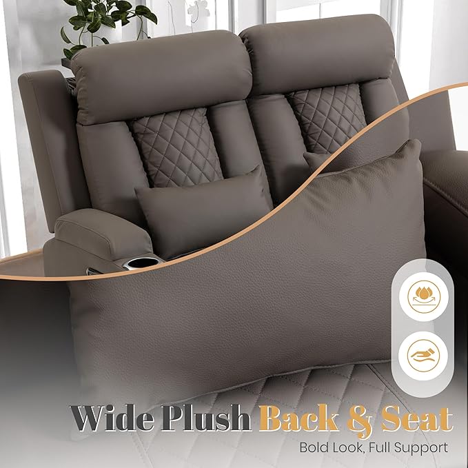 2-Piece Power Reclining Sofa Set, 3-Seater Sofa with Drop-Down Console & 2-Seater Loveseat, Zero Wall Hugger Electric Recliner Couch with Adjustable Headrest, AC Outlets (Brown, Loveseat)