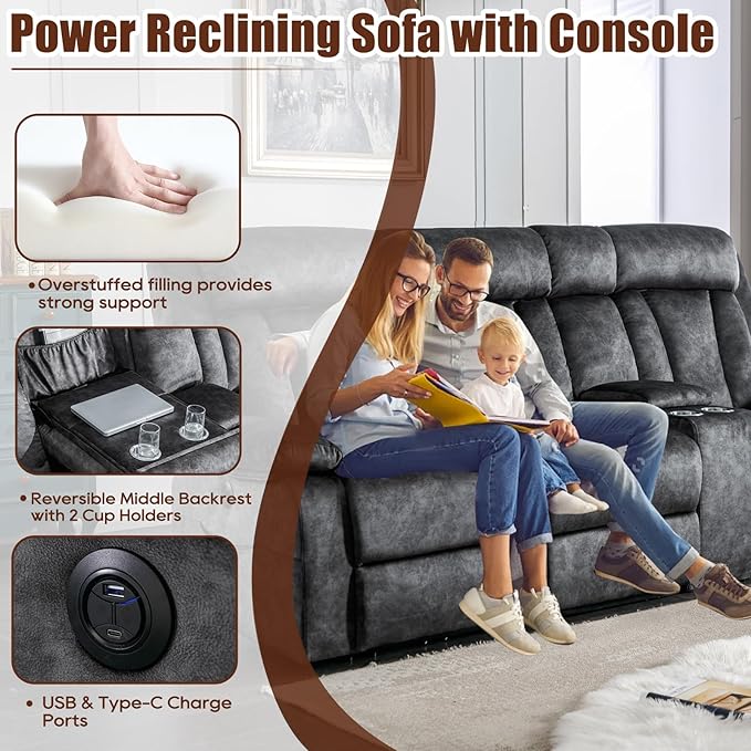 GUEAPY Power Reclining Sofa with Massage & Heat, 3 Seater Power Recliner Sofa Couch with USB & Type-C Ports, Center Console, Cup Holders & Storage for Living Room & Home Theater RV (Charcoal Grey)