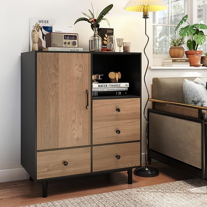 Giantex Storage Cabinet with 4 Drawers, Door and Open Compartment, 18" x 31.5" x 38.5" Inches, Metal Support Legs, Freestanding Side Cabinet, Buffet Sideboard for Living Room, Dining Room, Entryway