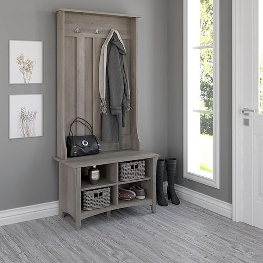 Bush Home Salinas Hall Tree with Shoe Storage Bench in Driftwood Gray, Multi-Purpose Home Organizer, Entryway Solution with Seating and Hooks