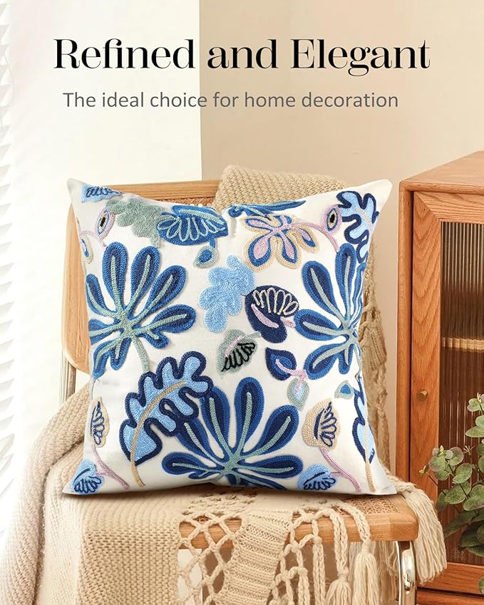Embroidered Throw Pillow Cover - 18x18 Decorative Pillow Cover with Zipper Aesthetic Cute Design Boho Spring Summer Throw Pillowcase for Living Room Couch Sofa Bed, Abstract