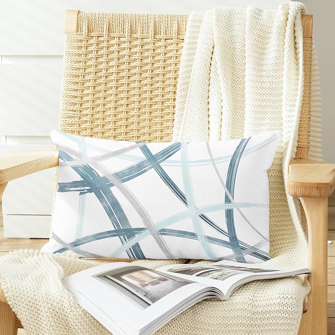 CaliTime Throw Pillow Cases Pack of 2 Cozy Fleece Arc-Shaped Abstract Geometric Lines Decorative Cushion Covers for Couch Bed Sofa Farmhouse Decoration 12 X 20 Inches Smoke Blue Grey