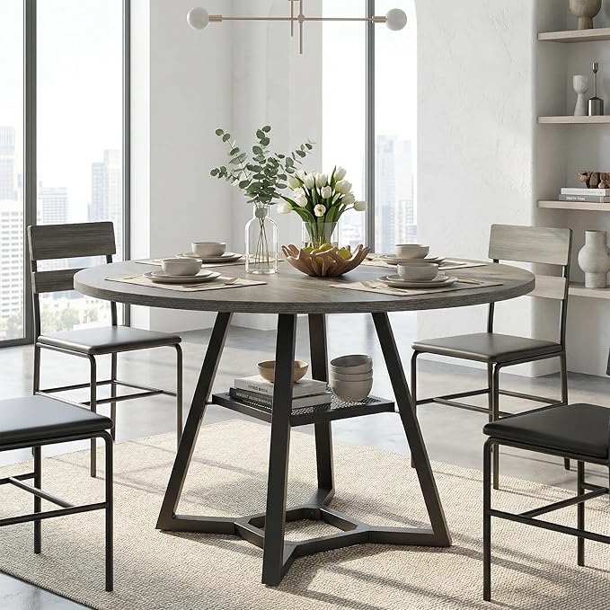Round Dining Table for 4-6 with Storage Shelf, Kitchen & Dining Room Circle Pedestal Table, Heavy Duty Metal Frame & Wood Top