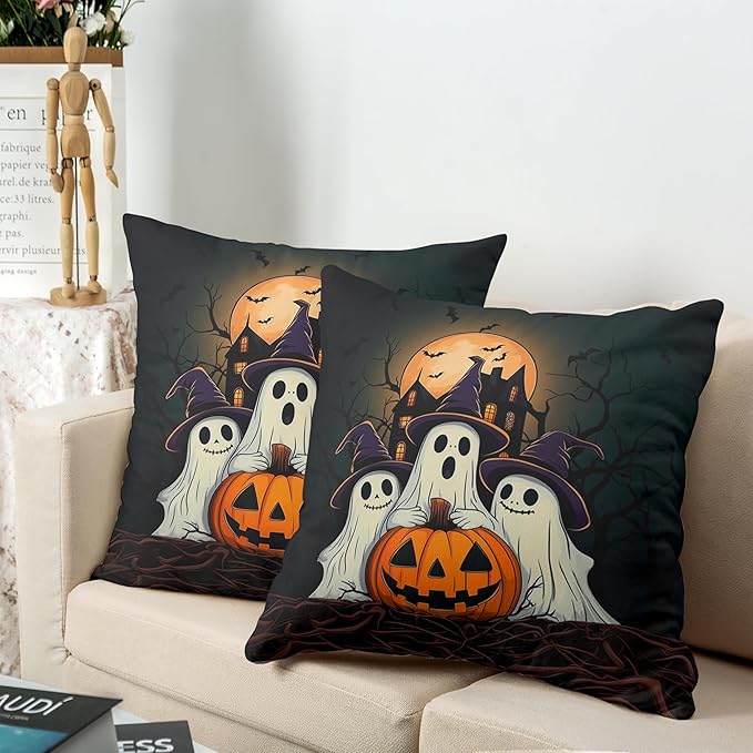 Set of 2 Halloween Pillow Covers 18x18 Ghost Throw Pillow Covers Full Moon Night Castle Bat Pillow Case Jack-O-Lantern Cushion Case for Holiday Party Decor Couch Sofa