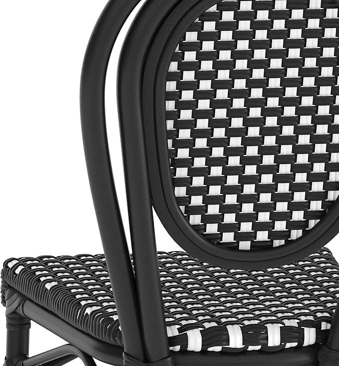 Flash Furniture Lourdes Indoor/Outdoor Commercial Thonet Bistro Stack Chair - Black/White PE Rattan Back and Seat - Black Metal Frame - Set of 4
