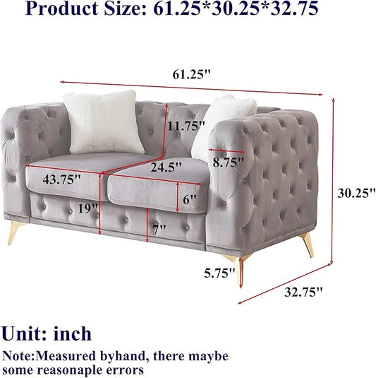 KEIKI 61" Luxury Oversized Velvet Chesterfield Sofa with 2 Pillows, Mid-Century Style 2-Seater Tufted Buttons Couch with High-Density Foam Cushions, Easy Assembly, for Apartment, Living Room, Black