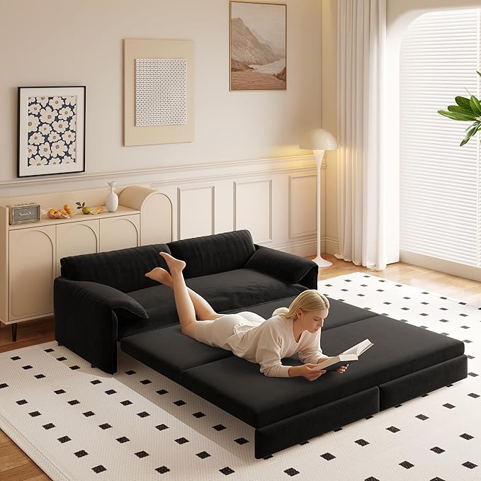 Eafurn 66" Convertible Sofa Bed Queen Size, 3-in-1 Pull Out Sleeper Couch Sofabed, Modern Velvet Loveseat Chaise Lounge w/Side Storage Pocket for Living Room Office | Removable Cushions