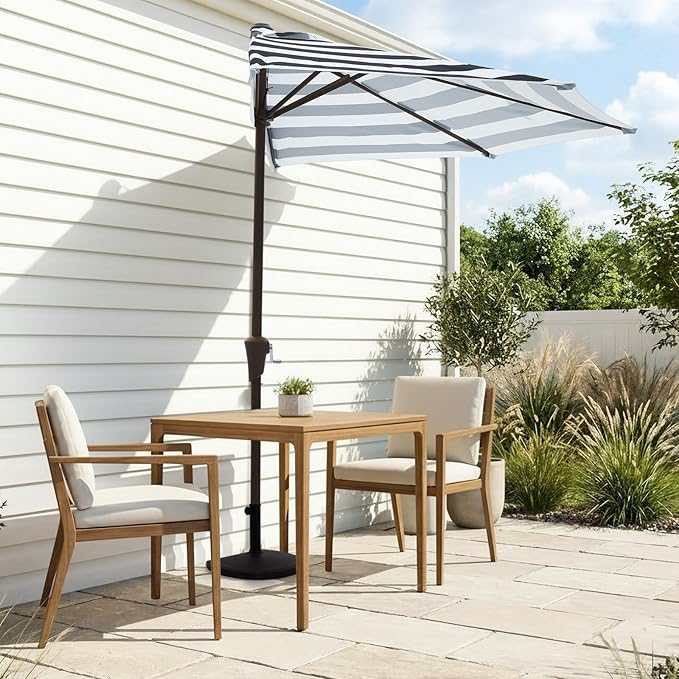 JEAREY 9ft Half Umbrella Outdoor Patio Umbrella Market Umbrellas with Crank, 1/2 Round Wall Umbrella 5 Sturdy Ribs UV Protection for Pool Garden Balcony Deck, Black & White Strip