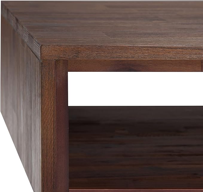 SIMPLIHOME Lowry Coffee Table - 48 inch Wide Solid Acacia Wood and Metal Living Room Table in Distressed Charcoal Brown, Modern Industrial Cocktail Table for Family Room with Drawers and Open Storage
