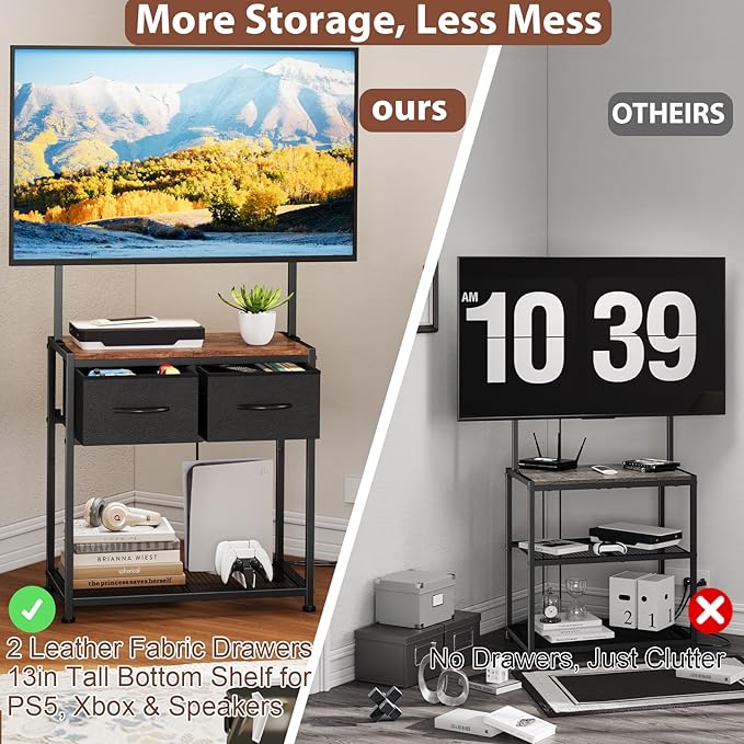 23-50 Inch Corner TV Stand with Mount and 2 Fabric Drawers, Floor Small TV Stand for Bedroom Living Room, Entertainment Center with Storage Shelves, Television Stands TV Console Table, Black & Brown