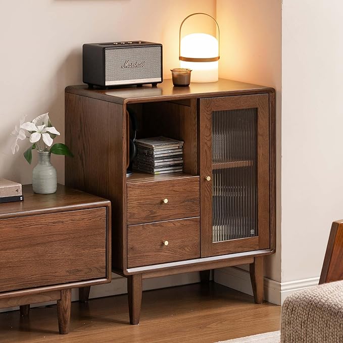 100% Solid Wood Storage Cabinet with Glass Doors and Drawers, Buffet Cabinet with Drawers, for Living Room, Reading Room, Kitchen (15.74" D x 31.49" W x 31.49" H, Walnut)