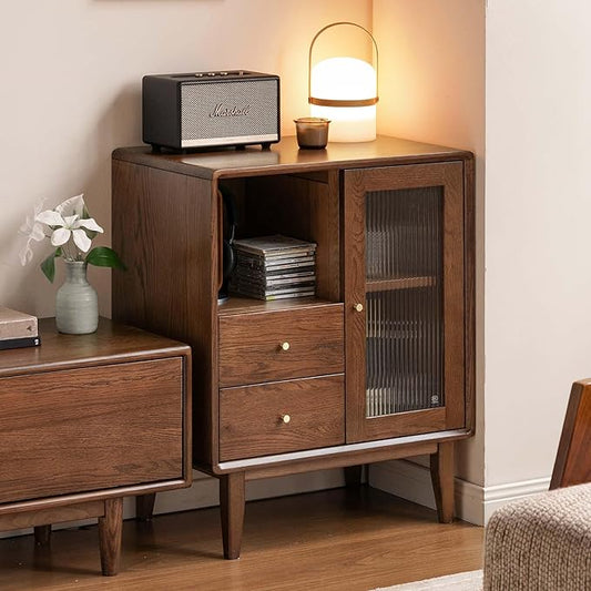 100% Solid Wood Storage Cabinet with Glass Doors and Drawers, Buffet Cabinet with Drawers, for Living Room, Reading Room, Kitchen (15.74" D x 31.49" W x 31.49" H, Walnut)