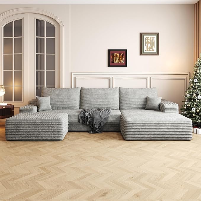 107" U Shaped Corduroy Couch with Ottoman, Compression Boneless Sofa, Deep Seat Cloud Modular Couch, Comfy Sectional Couches for Living Room Bedroom, No Assembly, Right Facing Chaise, Grey