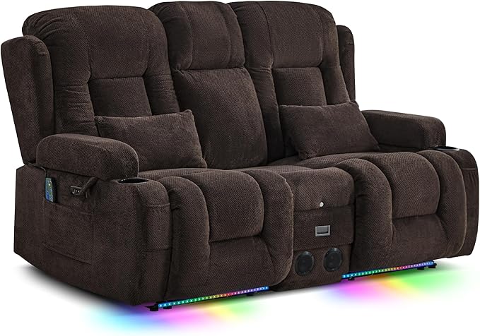 TUNYI Wall Hugger Loveseat Recliner Sofa with Console, Power Reclining Loveseat RV Couch with Massage & Heat/USB/Outlet/Storage/LED Light/Speaker (Brown)