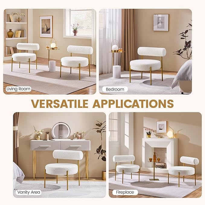 Yaheetech Boucle Accent Chair, Modern Tufted Vanity Chair, Cozy Sherpa Barrel Chair with Gold Legs, Club Chair for Living Room Bedroom Vanity Room Home Office, White